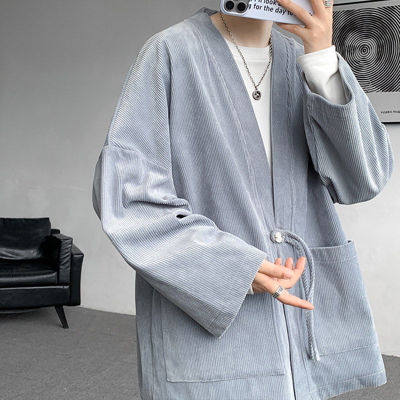 灯芯绒衬衫长袖男秋冬季新中式国风男装斜襟汉服道袍外套潮牌痞帅