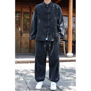 休闲纯色夹克套装 中国风牛仔透气衬衫 大码 男士 秋季 百搭套装 新款