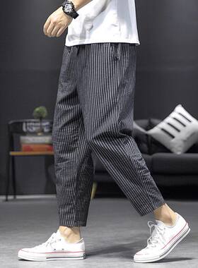 黑色细条纹裤子男款春夏季宽松