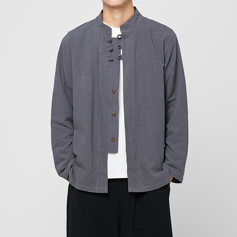 亚麻衬衫男中国风盘扣中式打底衫