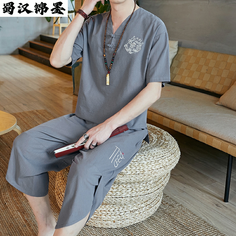 夏季亚麻短袖衬衫套装男大码薄款运动上衣国潮宽松七分裤搭配男装
