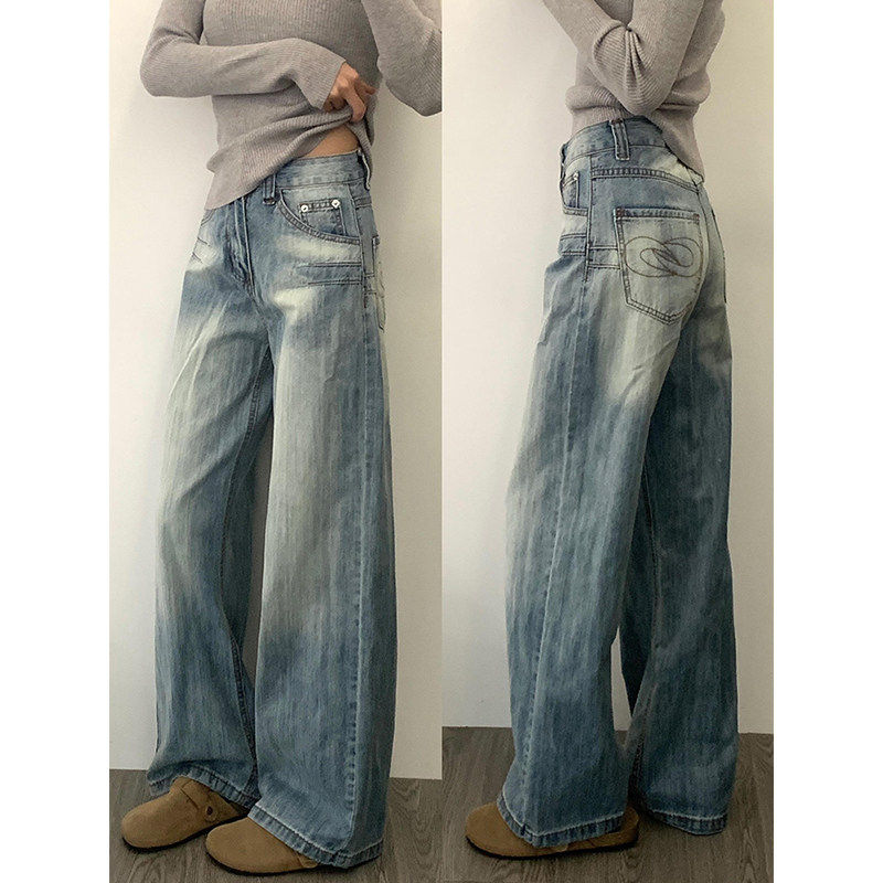 美式复古阔腿牛仔裤女秋季新款大码胖mm高腰显瘦宽松设计感直筒裤