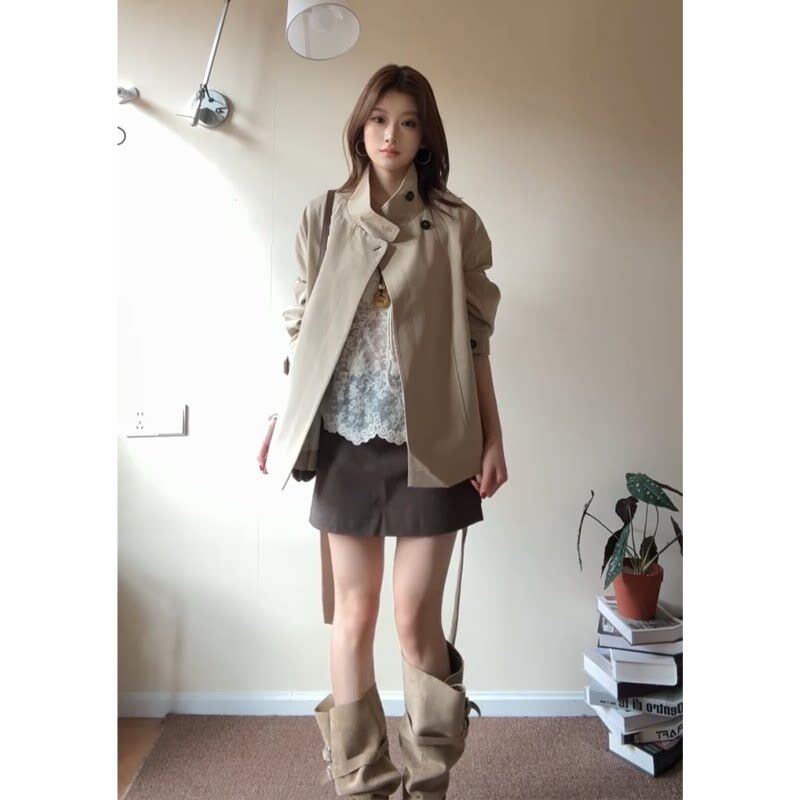 立领短款卡其色风衣外套女2026春秋新款小个子时尚高级感韩系休闲