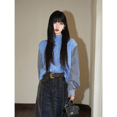 呆毛韩系拼接条纹衬衫 翻领蓝色毛衣女秋冬宽松外穿假两件针织上衣