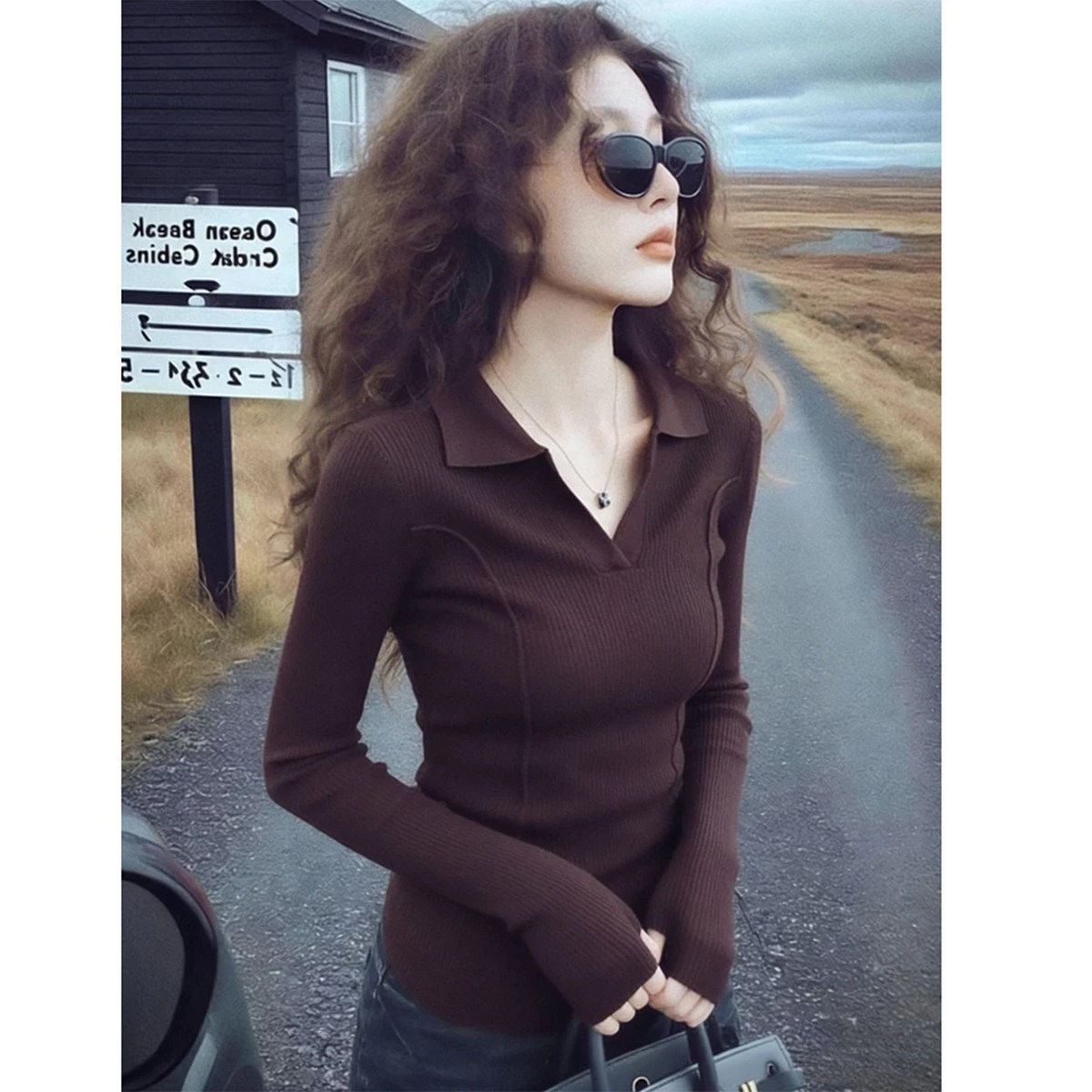 冬季高级感长袖上衣新款绵羊毛POLO领针织衫洋气时髦打底毛衣女装