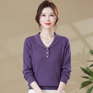 妈妈春秋装上衣带领洋气真帜小衫大码纯色百搭中老年女款长袖t恤