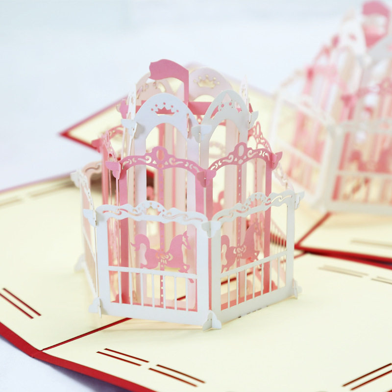 情人节立体贺卡3D创意手工旋转木马纸雕生日祝福儿童礼物卡片批发