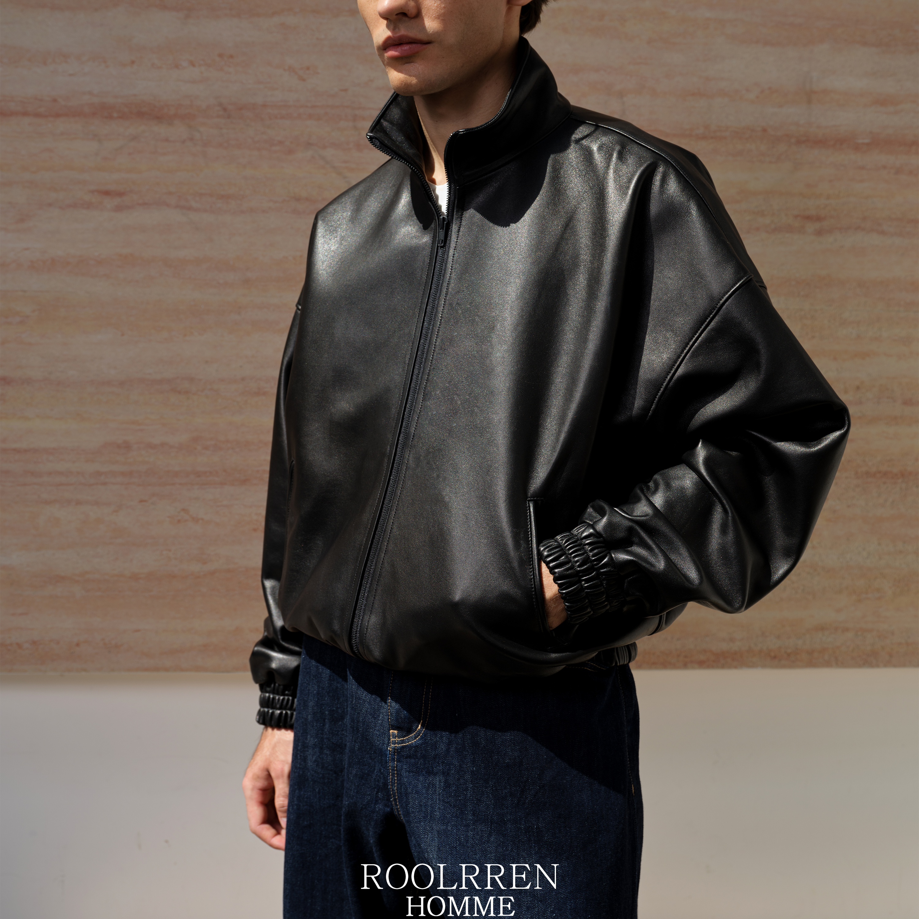 ROOLRREN 新西兰植鞣绵羊皮无涂层无蜡立领真皮皮衣夹克外套