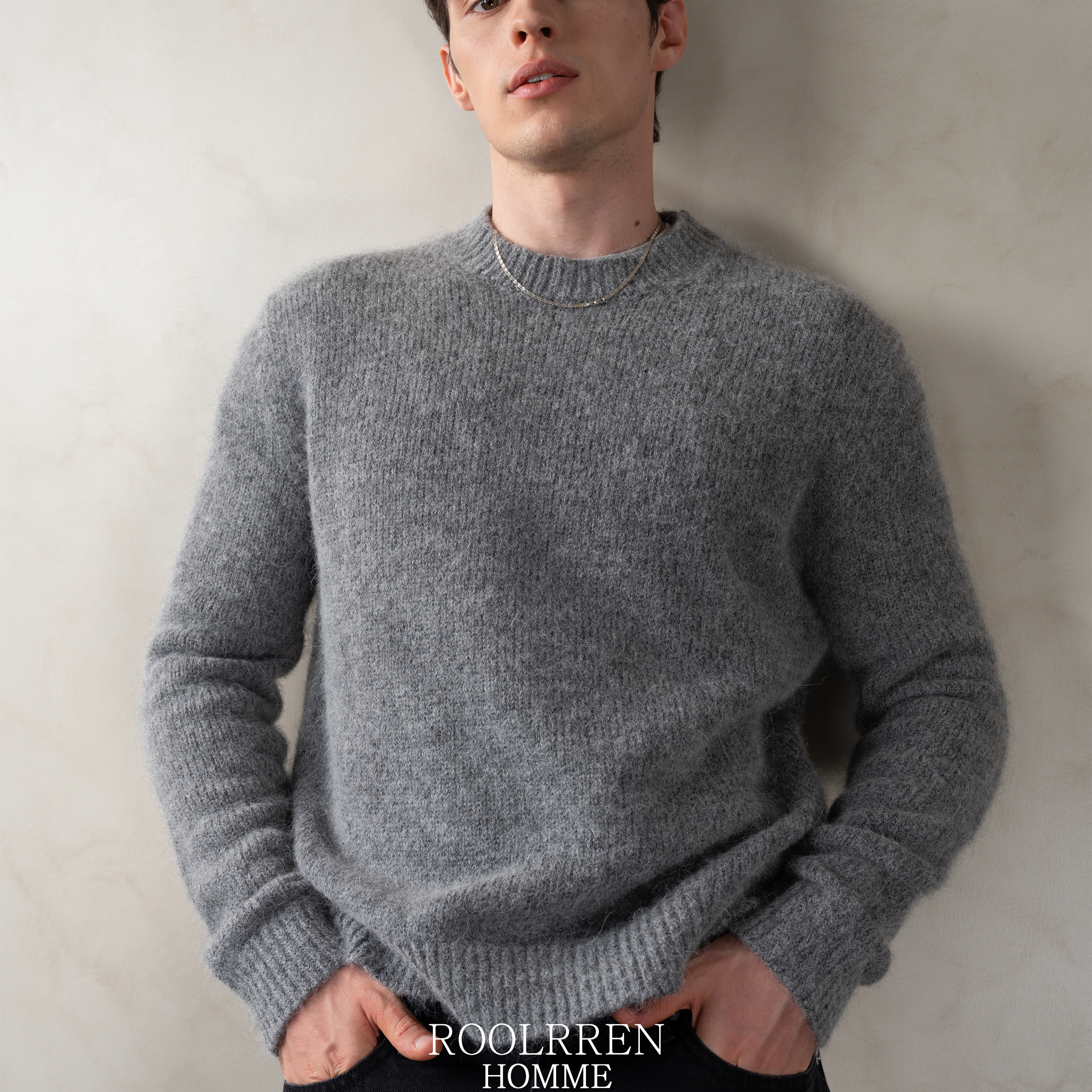 ROOLRREN SUPERFINE羊驼混纺表层全羊毛底层圆领通勤套头毛衣