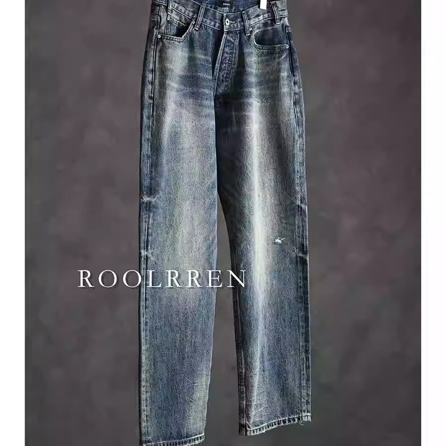破坏宝石蓝百搭通勤直筒牛仔裤