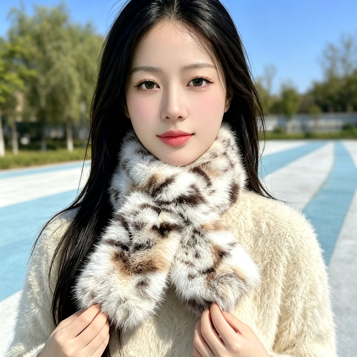 双面仿貂毛皮草围巾女冬季豹纹斑点环保皮草交叉防寒保暖毛绒围脖