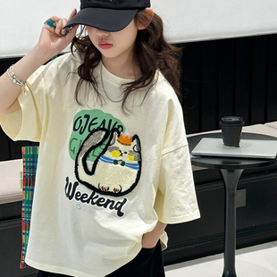 韩范潮牌宽松夏装 中大童棉质上衣儿童夏季 T恤新款 女童短袖