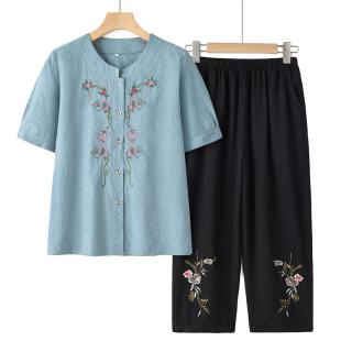 中老年妈妈夏装薄款二件套老年人棉绸套装前开扣奶奶夏天衣服开衫