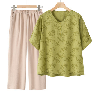 奶奶夏装女装新款短袖套装中老年人两件套妈妈上衣裤子老太太衣服