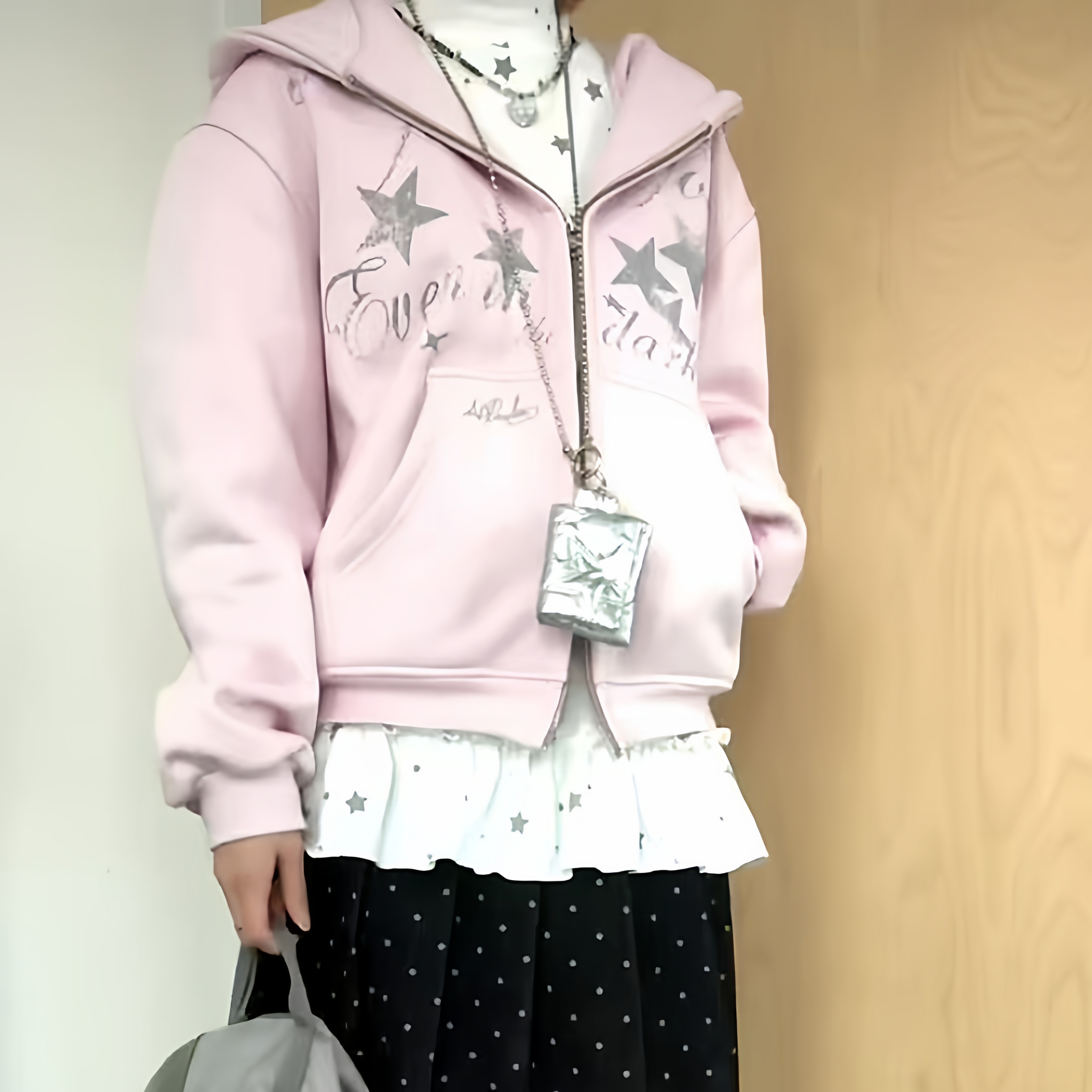 加绒加厚y2k星星印花连帽秋冬开衫卫衣亚文化上衣设计外套穿搭女