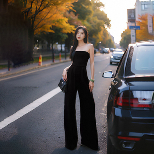 不会掉黑色抹胸一字领连体裤女夏2024新款直筒阔腿休闲裤高个子版