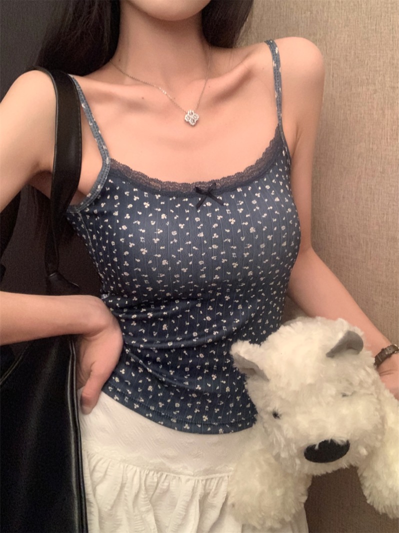 甜辣bm上衣碎花蕾丝花边小吊带背心女夏外穿带胸垫美背一体打底衫