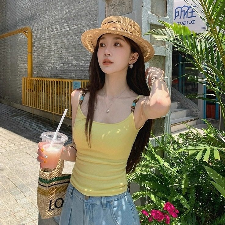 夏季新款纯欲辣妹串珠肩带背心图片