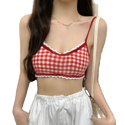 法式短款抹胸小众甜美格纹小吊带