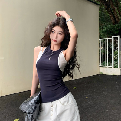辣妹风假两件撞色吊带背心女夏季
