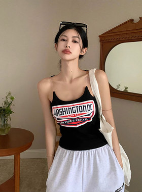 夏季外穿隐形肩带上衣辣妹露背吊带美式字母印花黑色短款小背心女