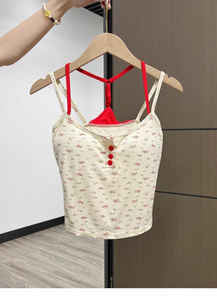 运绯纯欲风撞色碎花挂脖背心女夏季假两件带胸垫抹胸吊带上衣女装,女装/女士精品,背心吊带,淘宝优惠券,粉丝福利购,淘宝优惠卷