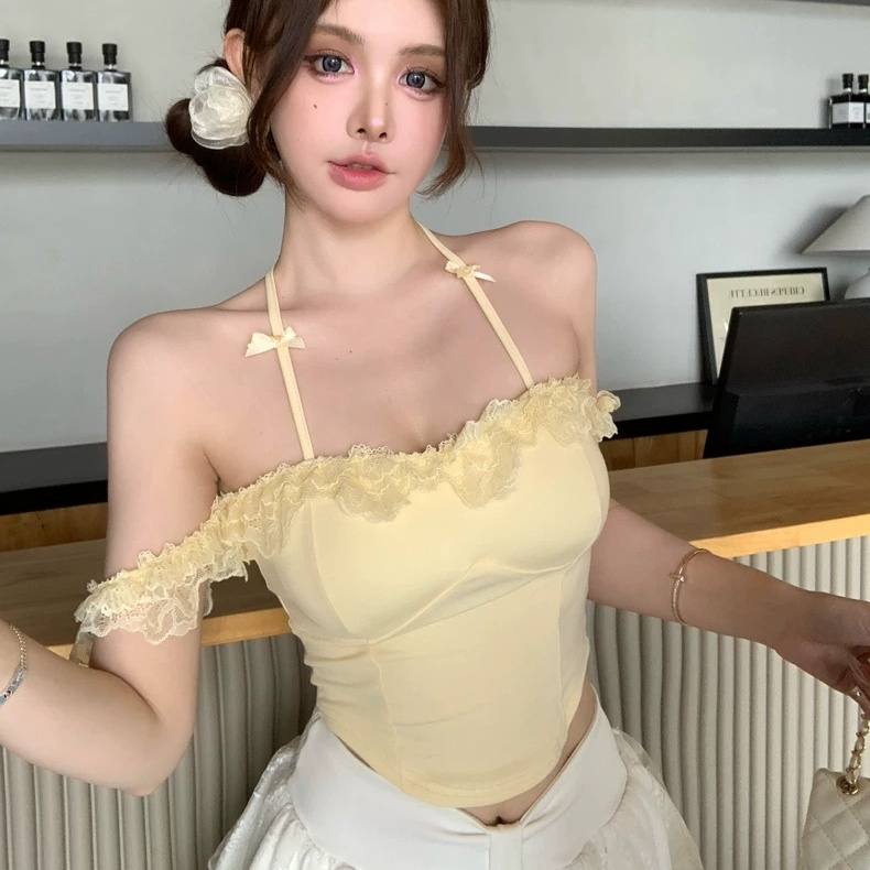 纯欲蕾丝花边一字肩小上衣2024夏