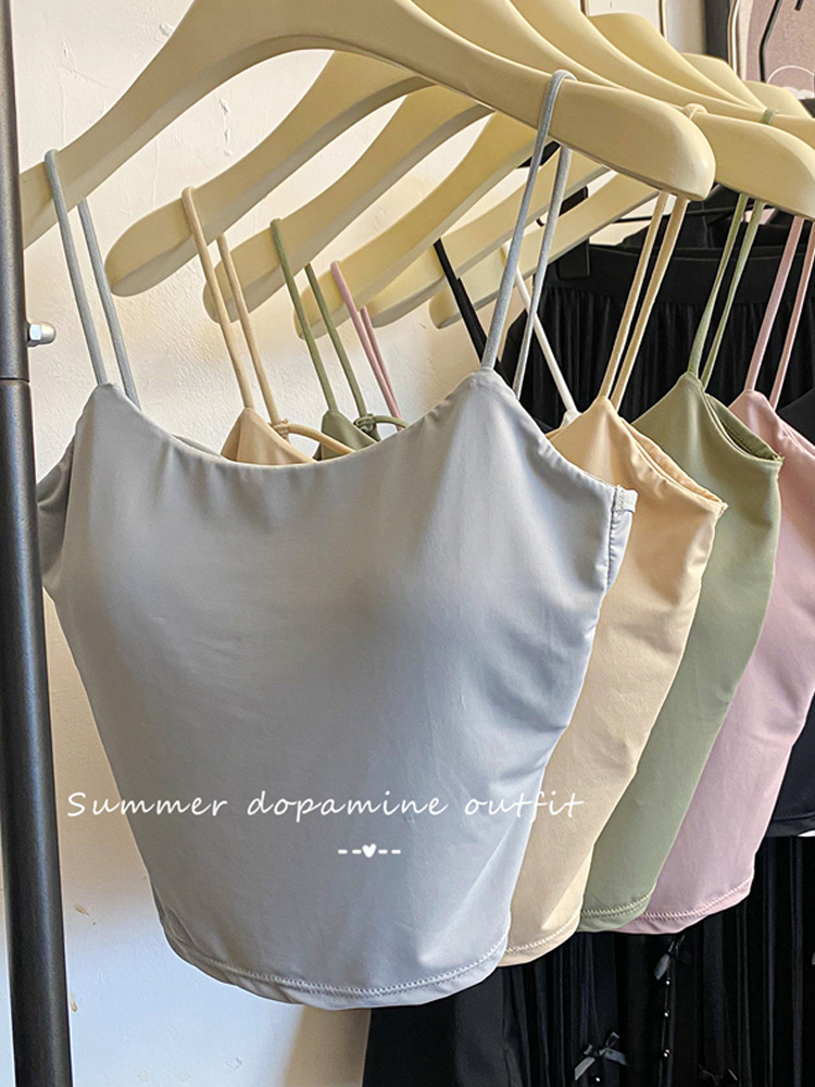 夏季纯色冰丝吊带背心女装带胸垫