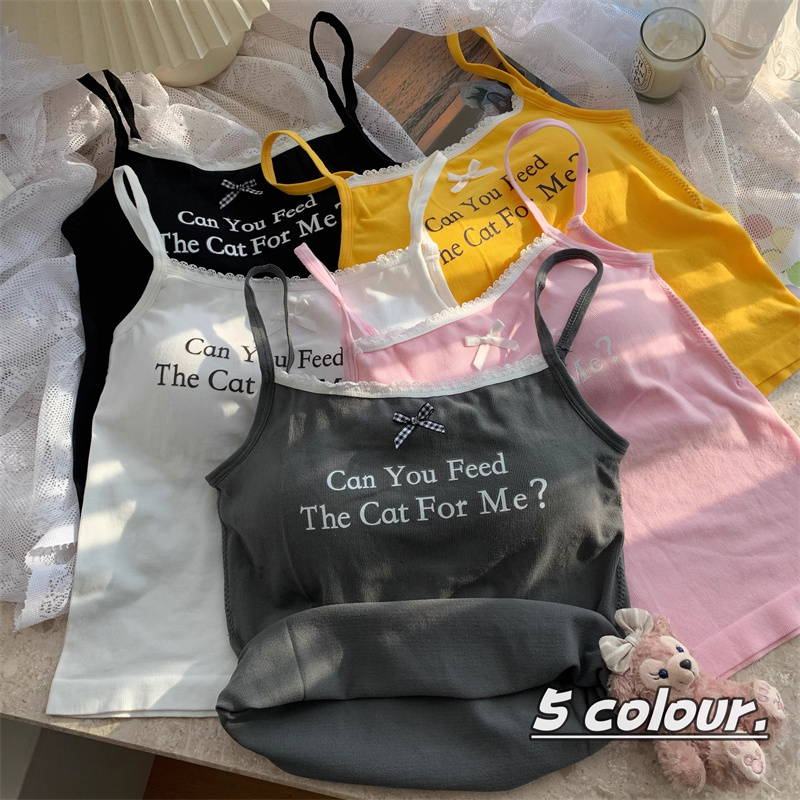 美式字母印花蕾丝边吊带背心内搭