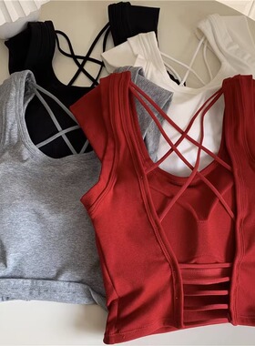 红色港风辣妹露背吊带背心女秋季外穿美背带胸垫短款显瘦无袖上衣