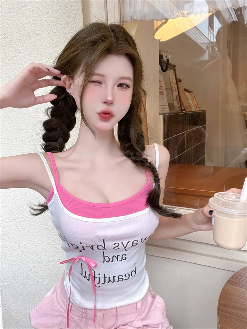 新款韩版洋气性感假两件绑带吊带T恤2024夏季女修身短款减龄背心