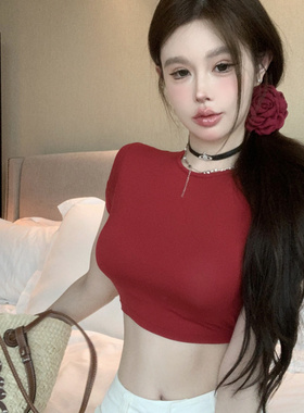 红色辣妹露背交叉短袖T恤女夏季一体式设计感镂空修身短款上衣潮