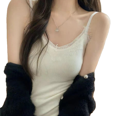 黑色v领蕾丝吊带背心女秋冬加绒