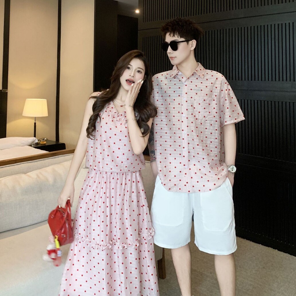 沙滩装情侣装夏季法式度假风波点短袖衬衫套装女裙子显瘦小个子