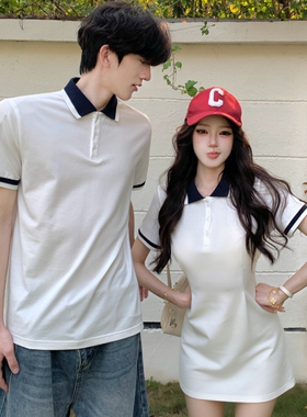 学院风情侣装夏装短袖T恤男POLO衫白色宽松显瘦连衣裙高级感穿搭