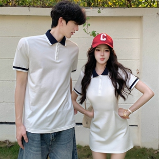 学院风情侣装夏装短袖T恤男POLO衫白色宽松显瘦连衣裙高级感穿搭