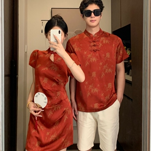 新款 夏装 高级感改良旗袍结婚订婚新年穿搭 红色中国风情侣装 新中式