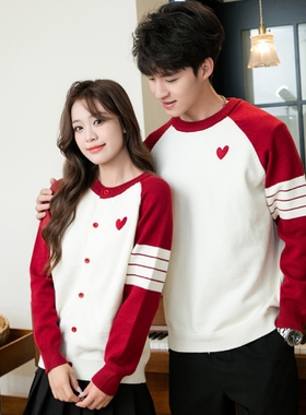 情侣装爱心刺绣红色毛衣男女针织衫秋冬装红白拼色过年喜庆