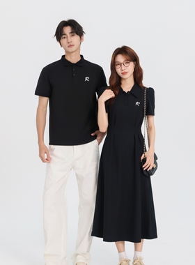 情侣装夏装新款polo领连衣裙一衣一裙高级感大码黑色气质女长裙