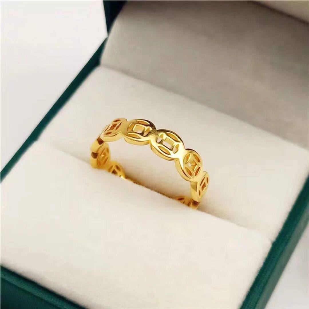 【钛钢不掉色】中国风招财钱币金币镂空好运闺蜜情侣戒