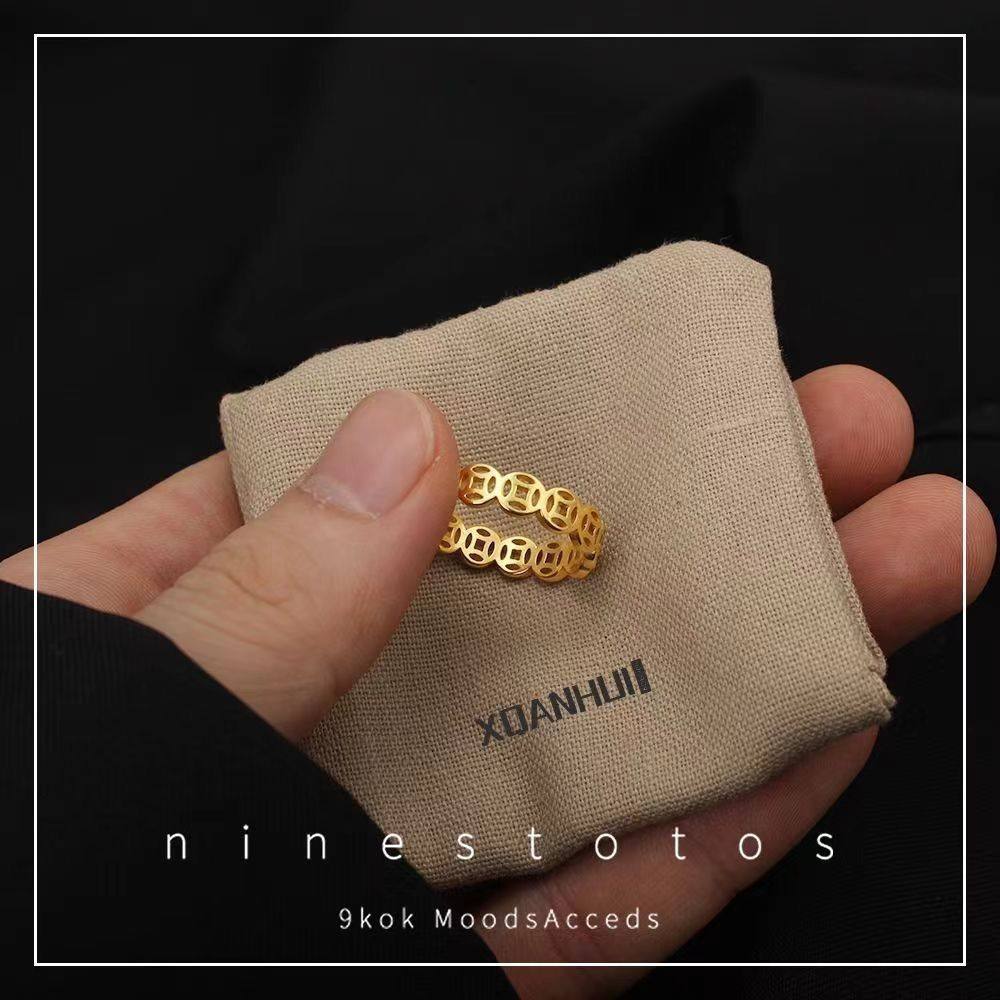 【钛钢不掉色】中国风招财钱币镂空金币好运闺蜜情侣戒