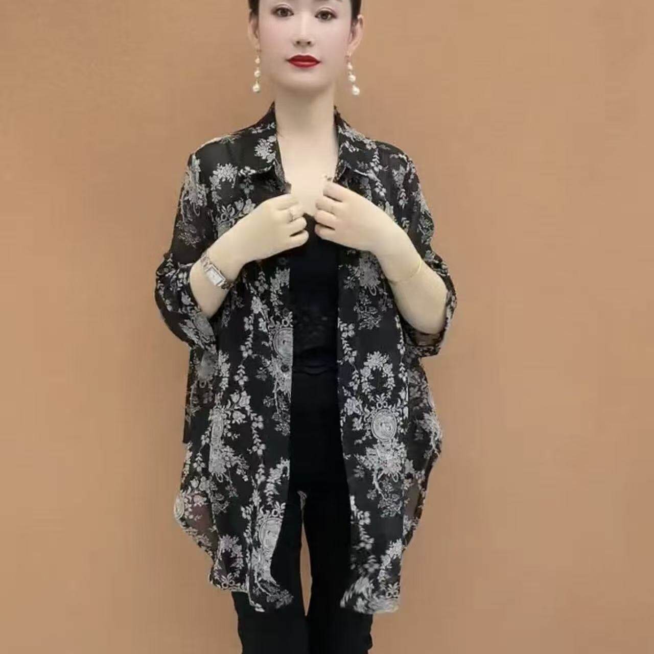 通勤风碎花POLO领防晒衬衫女衬衫