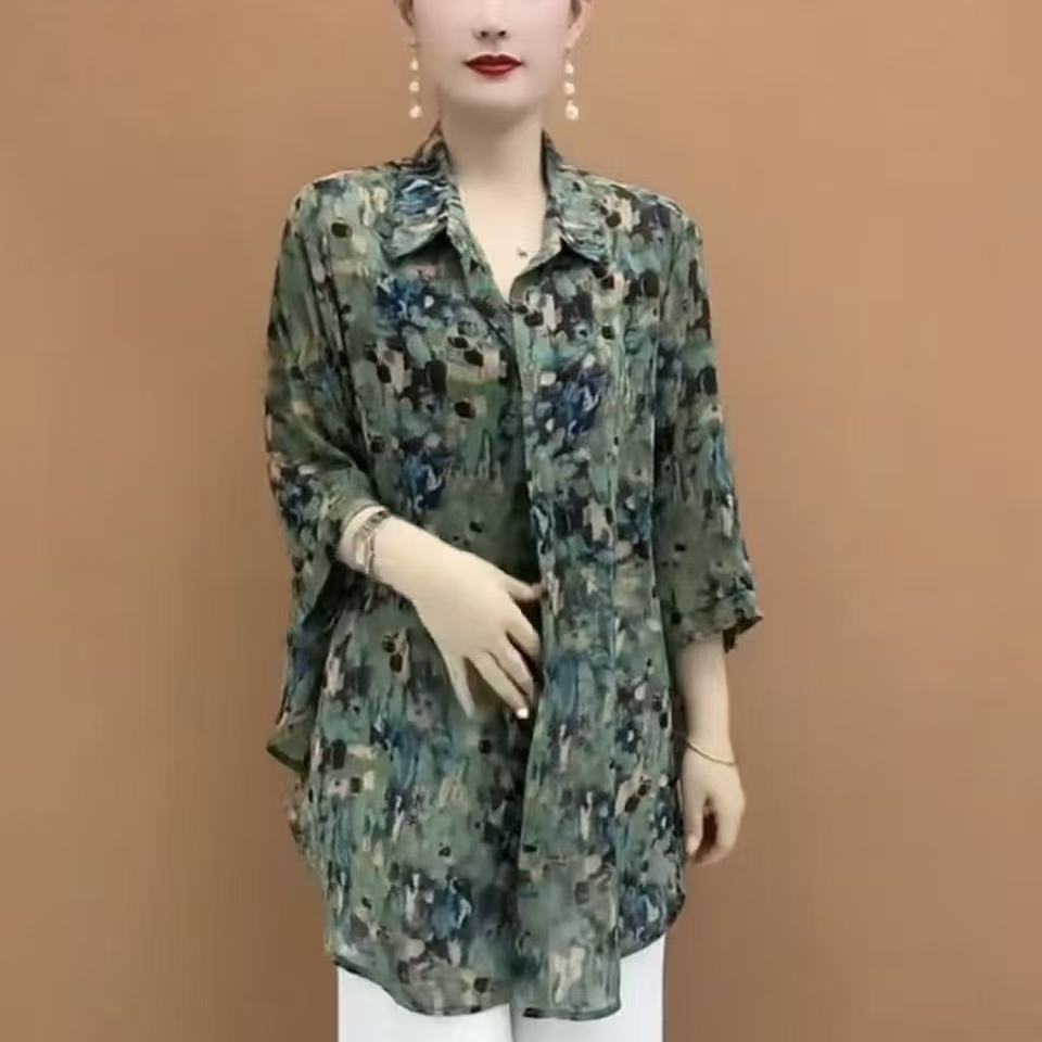 通勤风碎花POLO领防晒衬衫女衬衫
