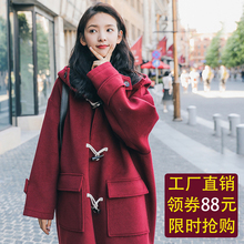 韩版 牛角扣毛呢学生外套女中长款 连帽流行呢子大衣 2019秋冬装 新款