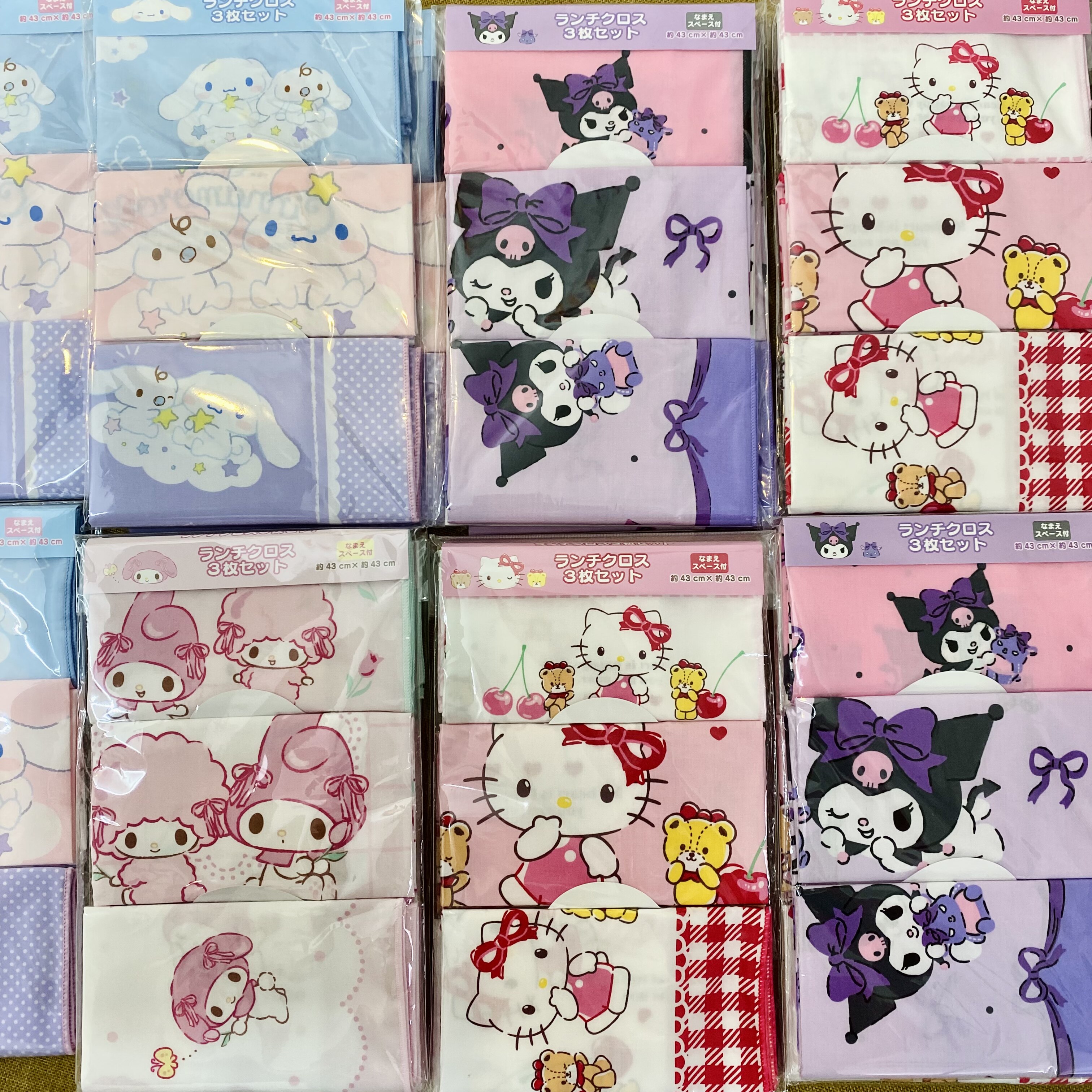 国现日本制三丽鸥kitty库洛米美乐蒂玉桂狗三枚入柔软方巾43*43cm