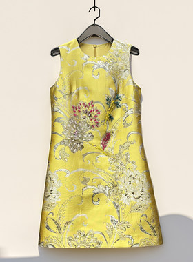 夏季新品女装提花重工钉珠新中式背心裙烫金刺绣小个子时尚连衣裙