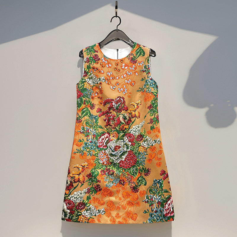 夏季新款复古时尚印花钉钻背心裙夏季新款女装锦棉绸缎a字连衣裙,女装/女士精品,连衣裙,淘宝优惠券,粉丝福利购,淘宝优惠卷