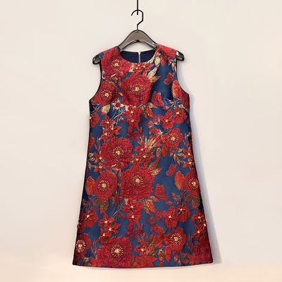 夏季新款女装高级感双宫丝烫金刺绣芙蓉花重工钉珠修身a字背心裙