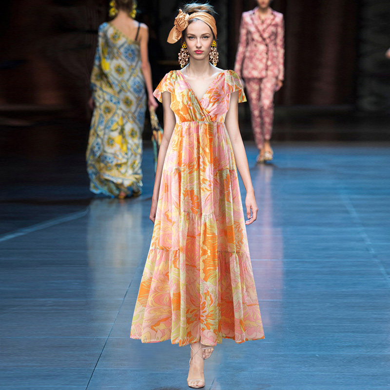 dida夏季新款女装飘带肩双v领高腰大摆型印花色长裙秀场款连衣裙