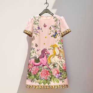 马到成功~2026夏季新款女装时尚印花重工订珠双马轻奢名媛连衣裙